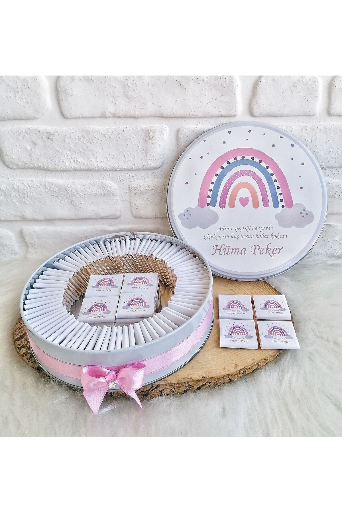 100 Adet Pembe Gökkuşağı Temalı İsme Özel Hoşgeldin Doğumgünü Hediyelik Kız Bebek Çikolata - Görsel 2