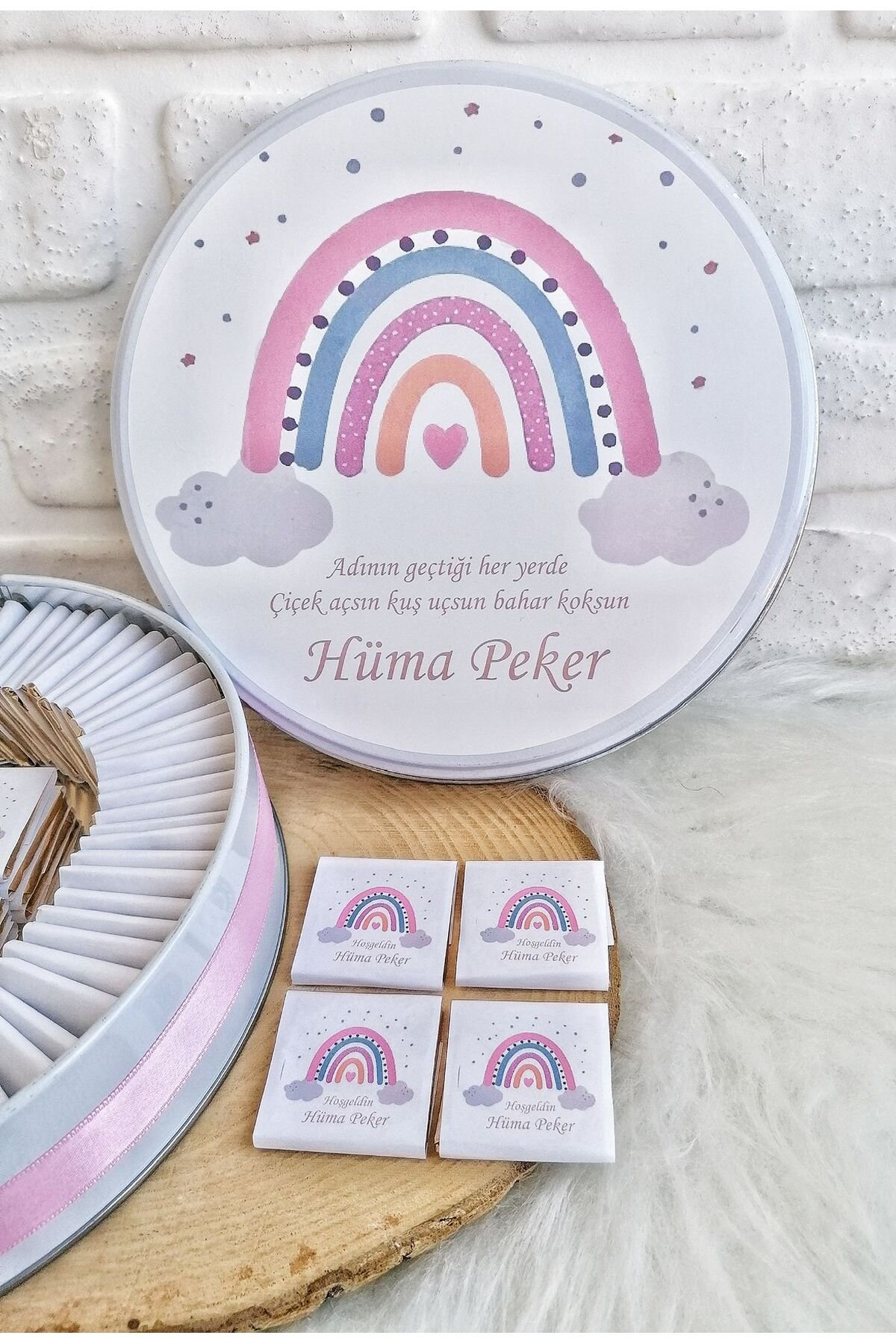 100 Adet Pembe Gökkuşağı Temalı İsme Özel Hoşgeldin Doğumgünü Hediyelik Kız Bebek Çikolata - Görsel 3