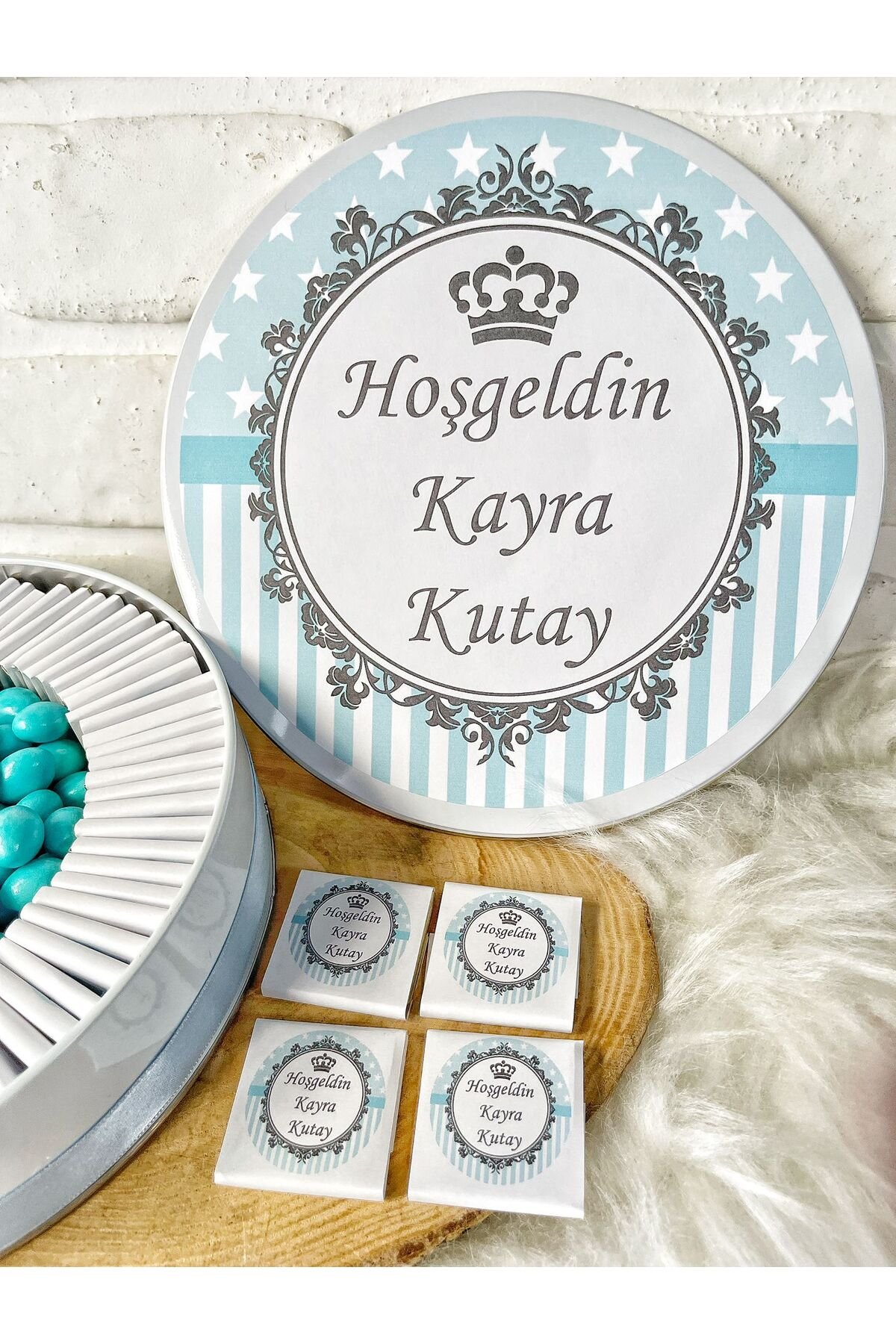 150 Adet+200 Gr Drajeli Mavi Kral Tacı Temalı İsme Özel Hoşgeldin Doğumgünü Erkek Bebek Hediyelik Çi - Görsel 3