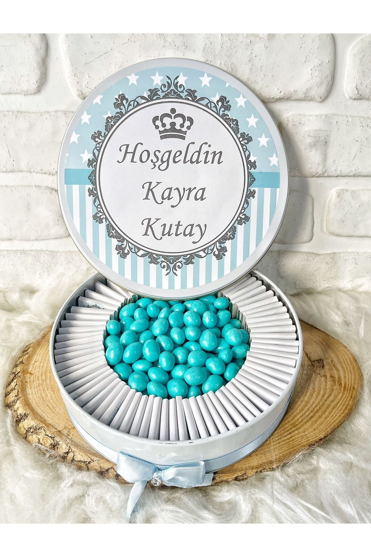 150 Adet+200 Gr Drajeli Mavi Kral Tacı Temalı İsme Özel Hoşgeldin Doğumgünü Erkek Bebek Hediyelik Çi - Görsel 4