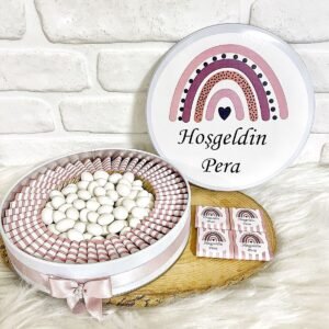 100 Adet+200 Gr Drajeli Pudra Gökkuşağı Temalı İsme Özel Hoşgeldin Doğumgünü Kız Bebek Hediyelik Çik