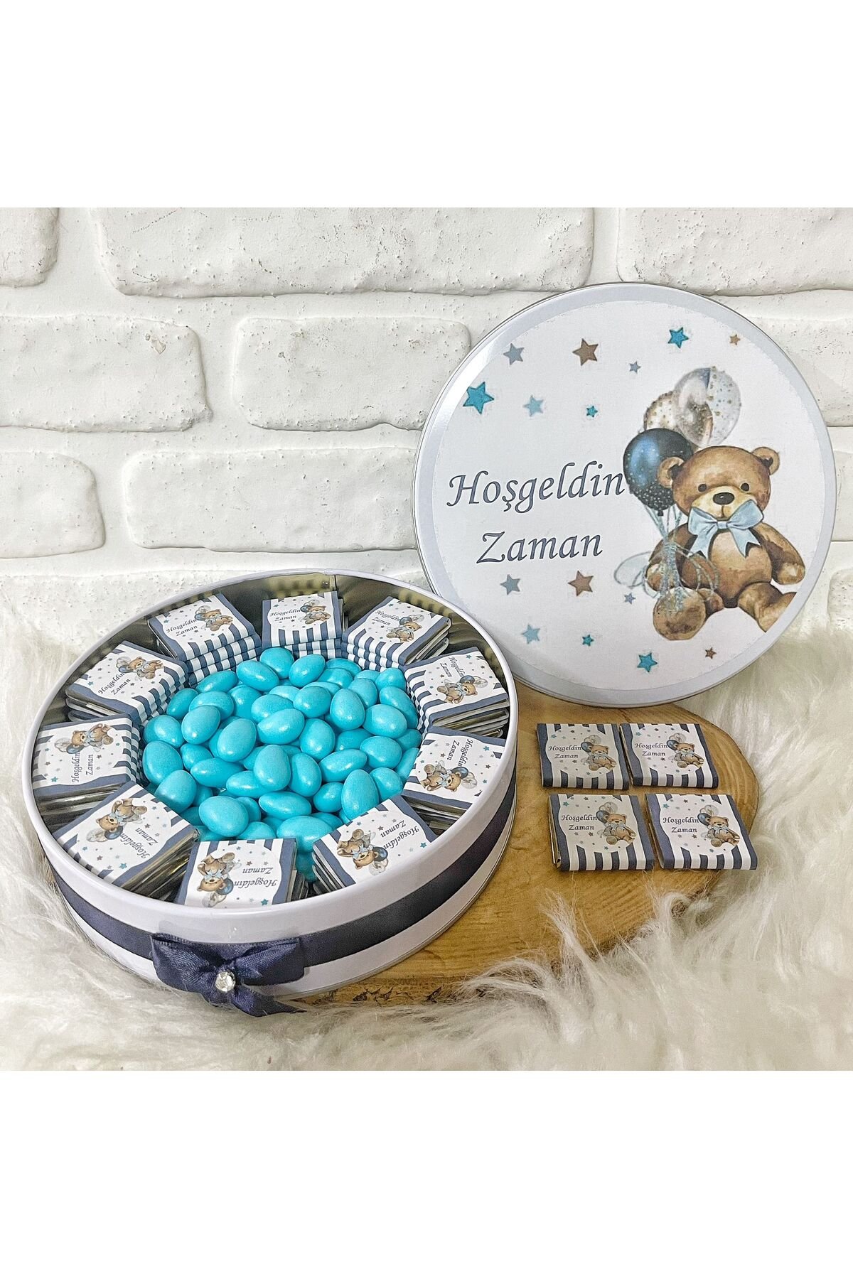 200 Adet+200 Gr Drajeli Lacivert Ayıcıklı İsme Özel Erkek Bebek Hoşgeldin Doğumgünü Hediyelik Çikola - Görsel 2