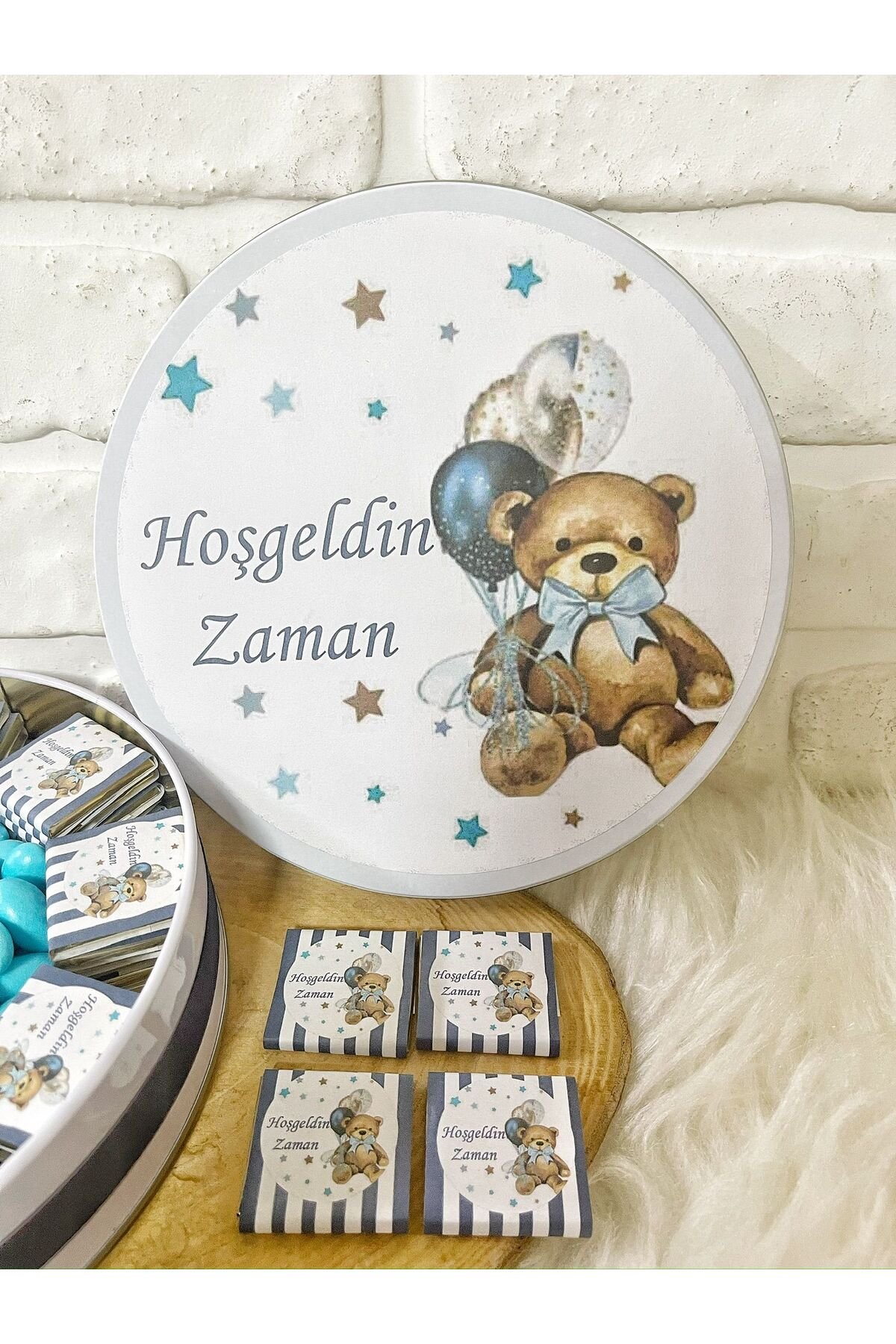 200 Adet+200 Gr Drajeli Lacivert Ayıcıklı İsme Özel Erkek Bebek Hoşgeldin Doğumgünü Hediyelik Çikola - Görsel 3