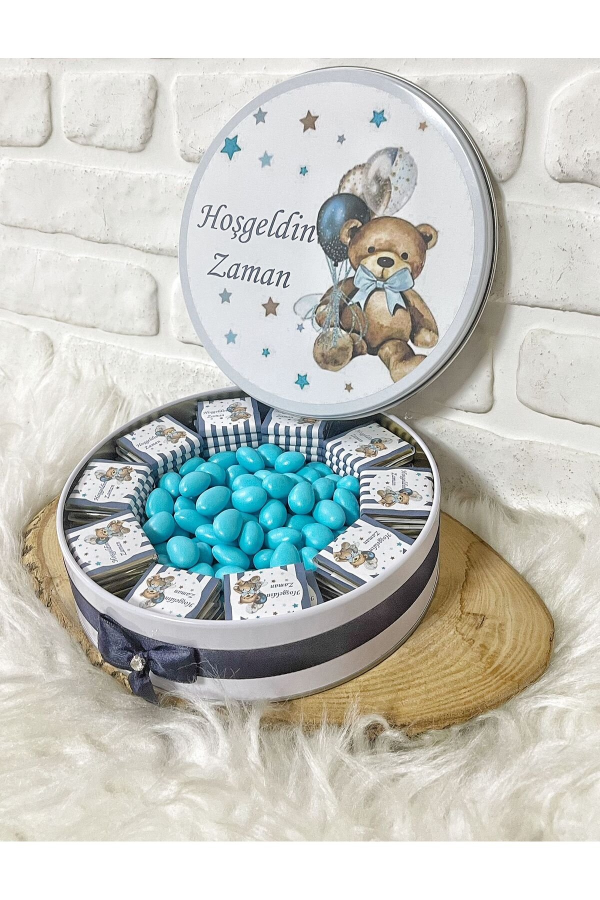 200 Adet+200 Gr Drajeli Lacivert Ayıcıklı İsme Özel Erkek Bebek Hoşgeldin Doğumgünü Hediyelik Çikola - Görsel 4