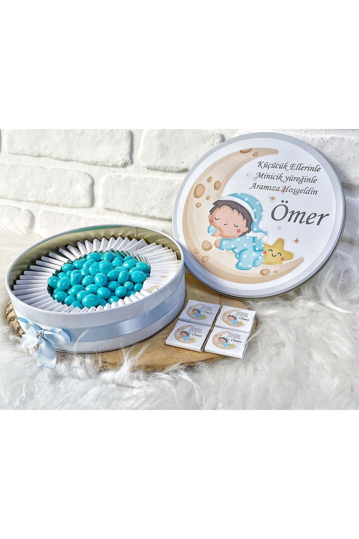 200 Adet+200 Gr Drajeli Ayda Uyuyan Çocuk Temalı İsme Özel Hoşgeldin Erkek Bebek Hediyelik Çikolata