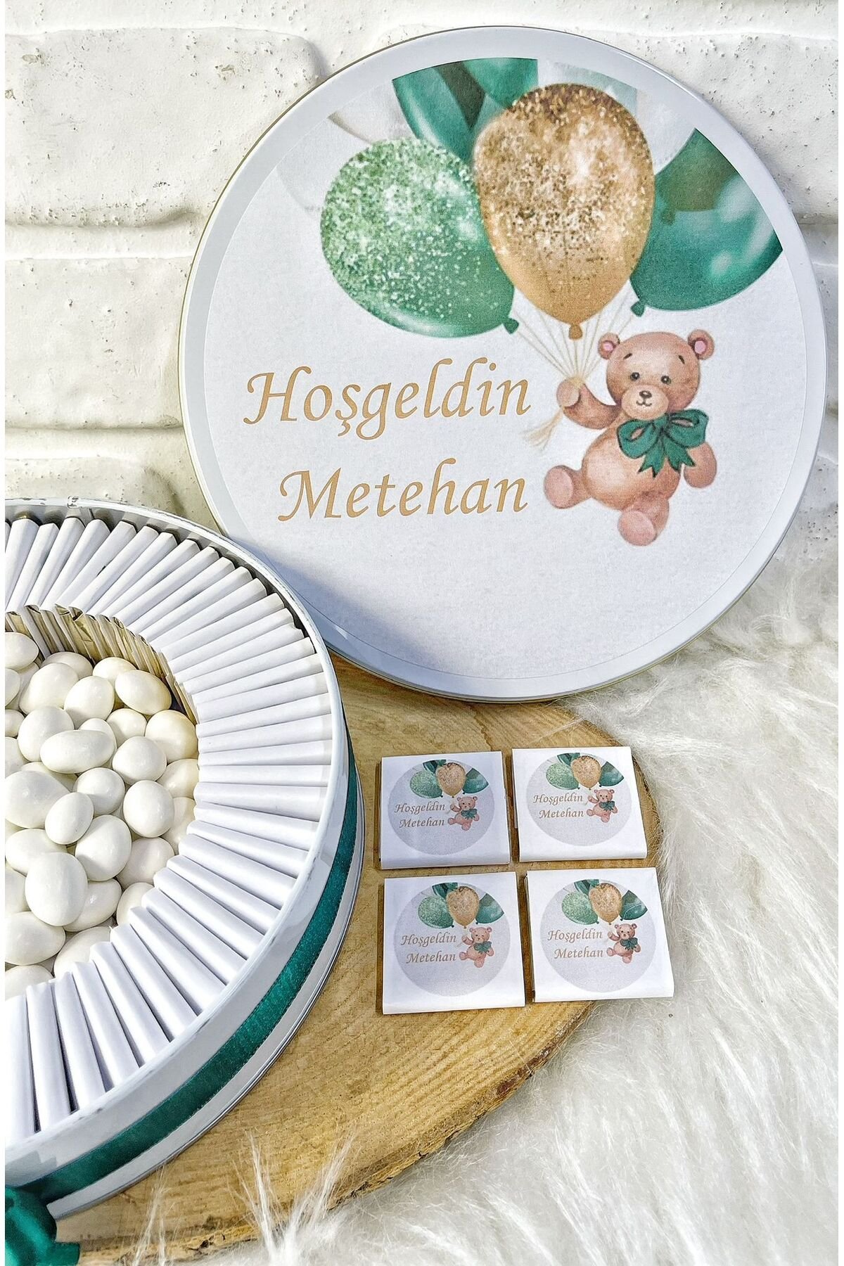 150 Adet+200 Gr Drajeli Gold Ayıcık Temalı İsme Özel Hoşgeldin Doğumgünü Erkek Bebek Hediyelik Çikol - Görsel 3
