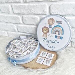 150 Adet Mavi Aslan Temalı İsme Özel Hoşgeldin Doğumgünü Hediyelik Erkek Bebek Çikolata