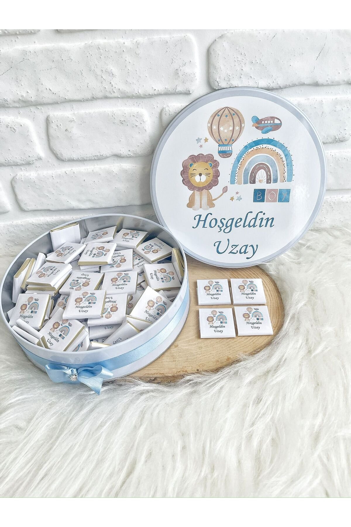 100 Adet Mavi Aslan Temalı İsme Özel Hoşgeldin Doğumgünü Hediyelik Erkek Bebek Çikolata - Görsel 2