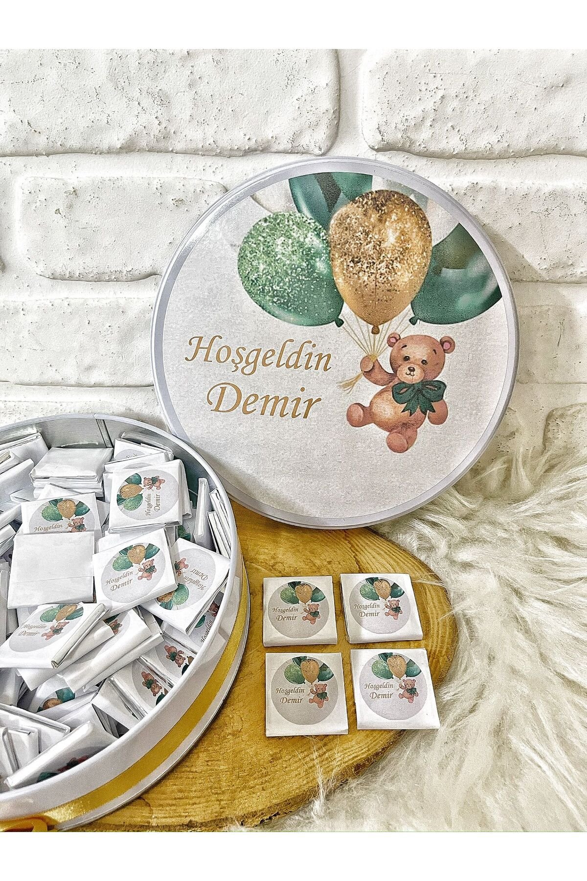 200 Adet Gold Ayıcık Temalı İsme Özel Hoşgeldin Doğumgünü Erkek Bebek Hediyelik Çikolata - Görsel 3