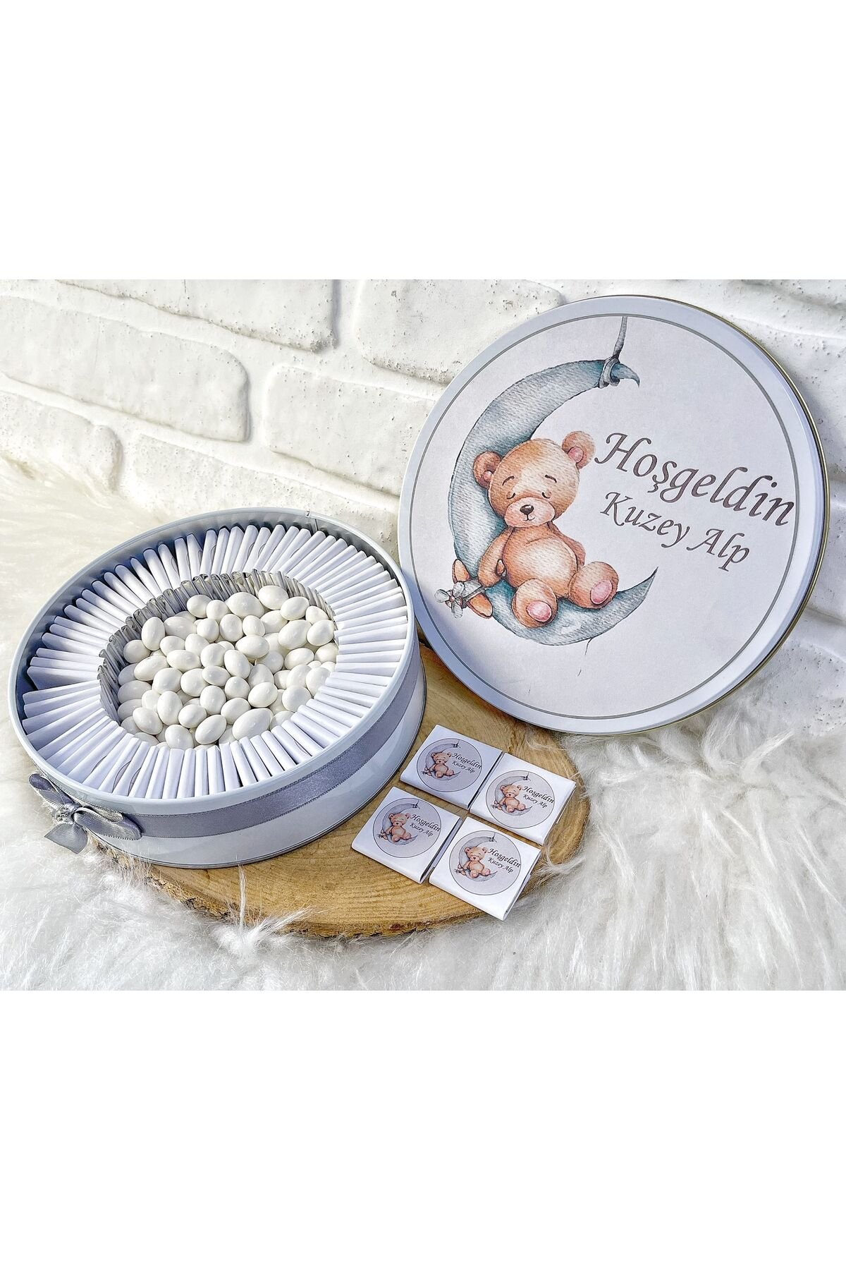 50 Adet+200 Gr Drajeli Gri Ayıcık Temalı İsme Özel Hoşgeldin Doğumgünü Erkek Bebek Hediyelik Çikolat
