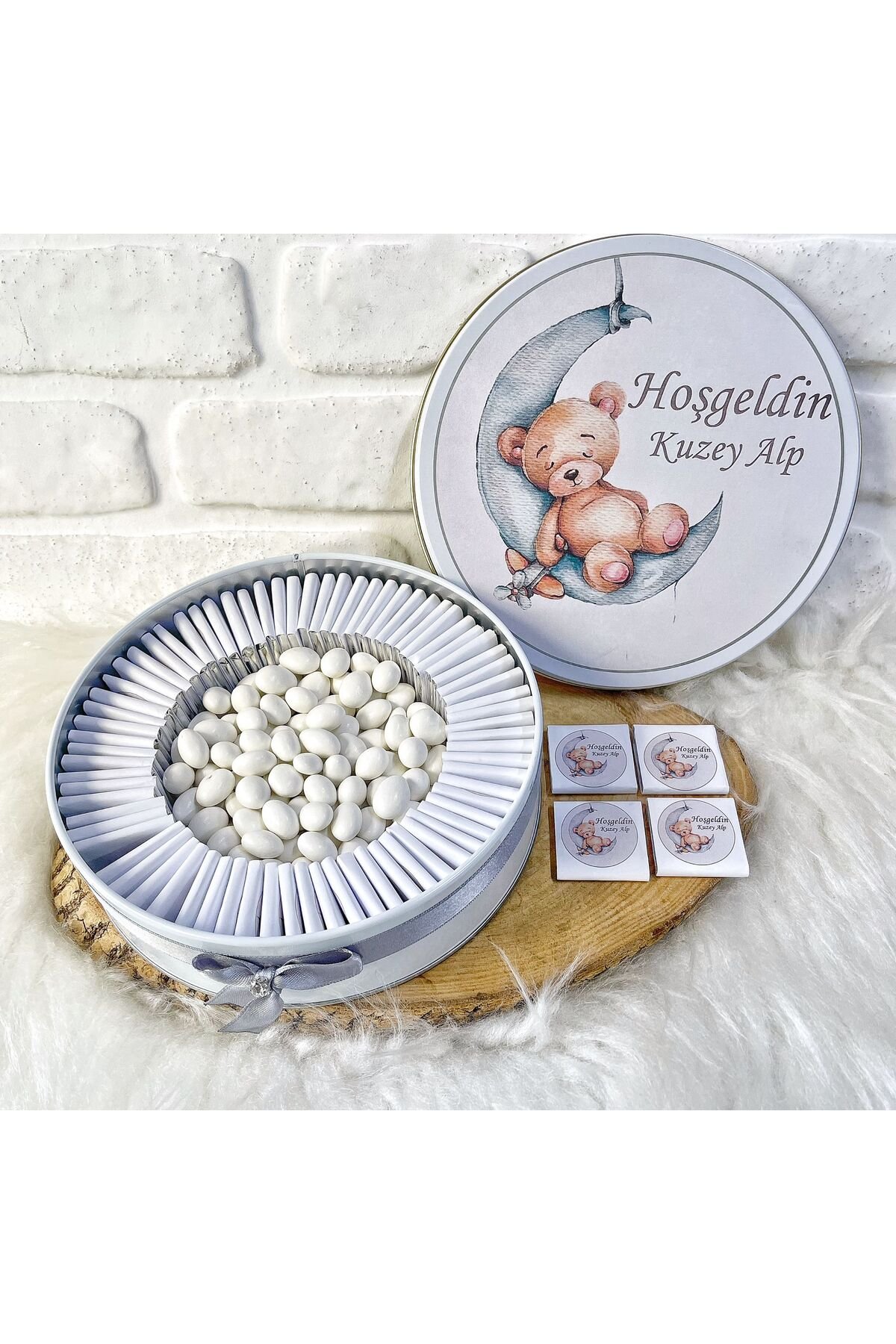 50 Adet+200 Gr Drajeli Gri Ayıcık Temalı İsme Özel Hoşgeldin Doğumgünü Erkek Bebek Hediyelik Çikolat - Görsel 2