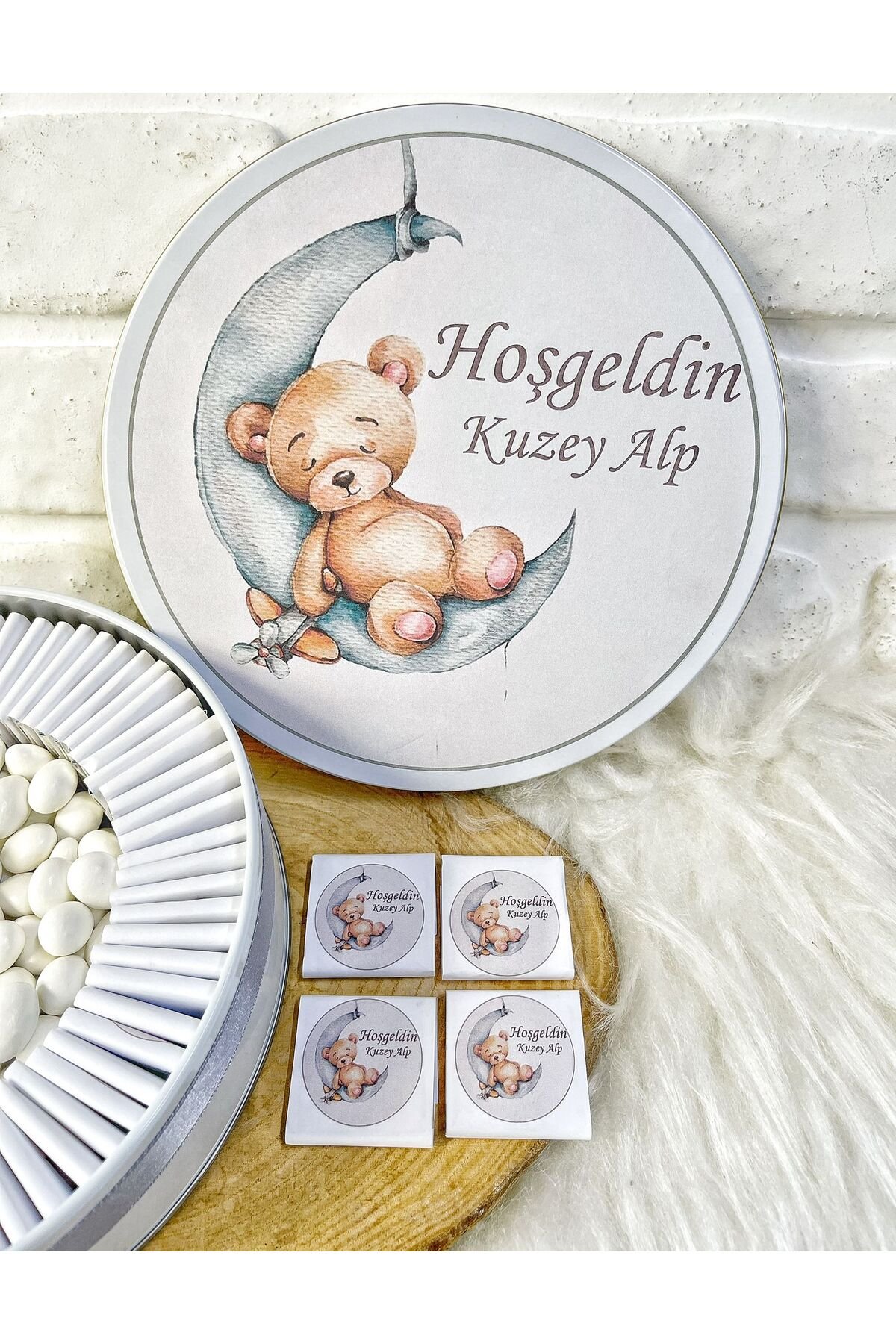 50 Adet+200 Gr Drajeli Gri Ayıcık Temalı İsme Özel Hoşgeldin Doğumgünü Erkek Bebek Hediyelik Çikolat - Görsel 3