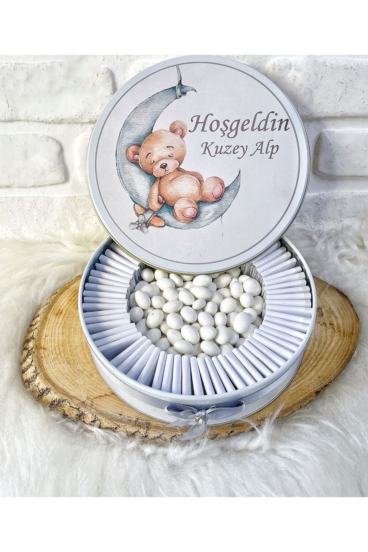50 Adet+200 Gr Drajeli Gri Ayıcık Temalı İsme Özel Hoşgeldin Doğumgünü Erkek Bebek Hediyelik Çikolat - Görsel 4