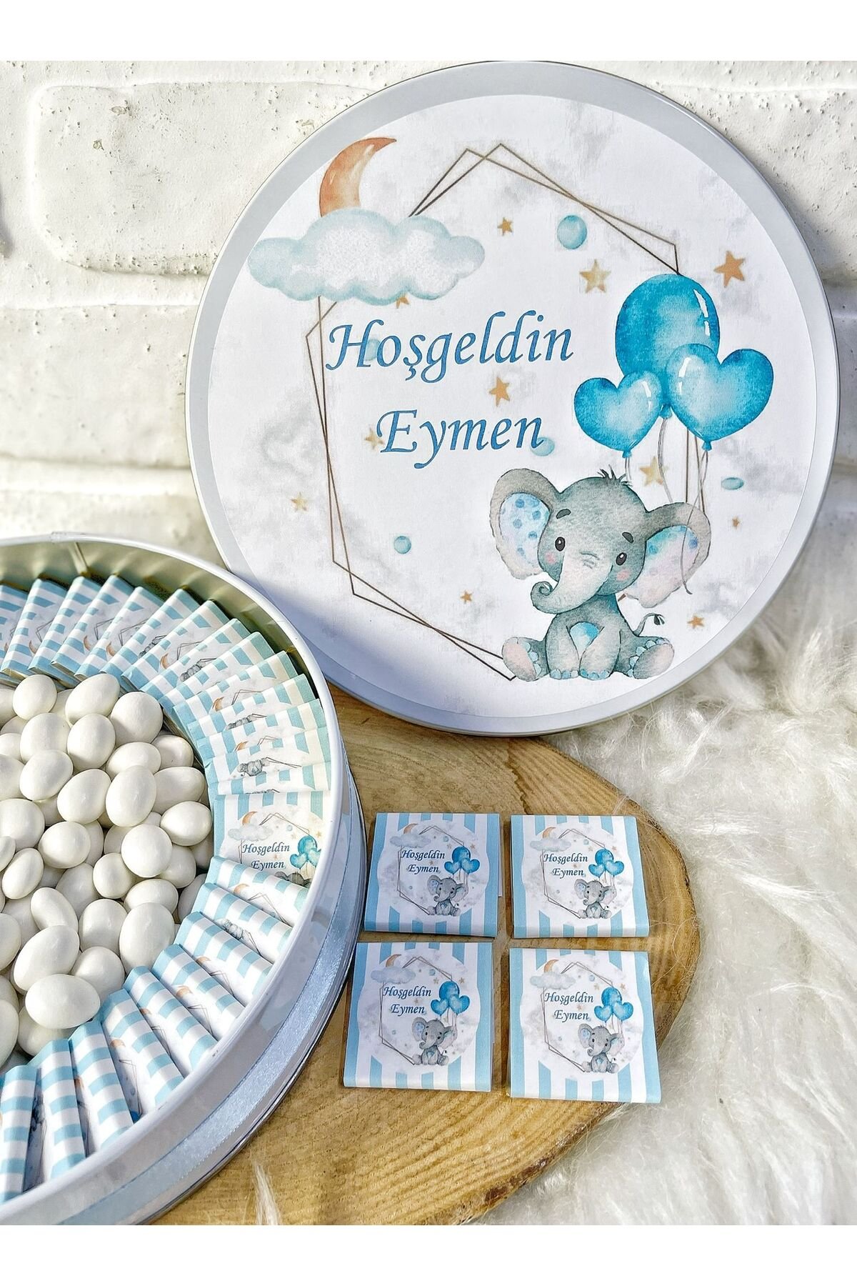 150Adet+200 Gr Drajeli Mavi Balon Tutan Fil Temalı İsme Özel Erkek Bebek Hoşgeldin Doğumgünü Çikolat - Görsel 3