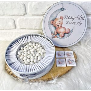 100 Adet+200 Gr Drajeli Gri Ayıcık Temalı İsme Özel Hoşgeldin Doğumgünü Erkek Bebek Hediyelik Çikola